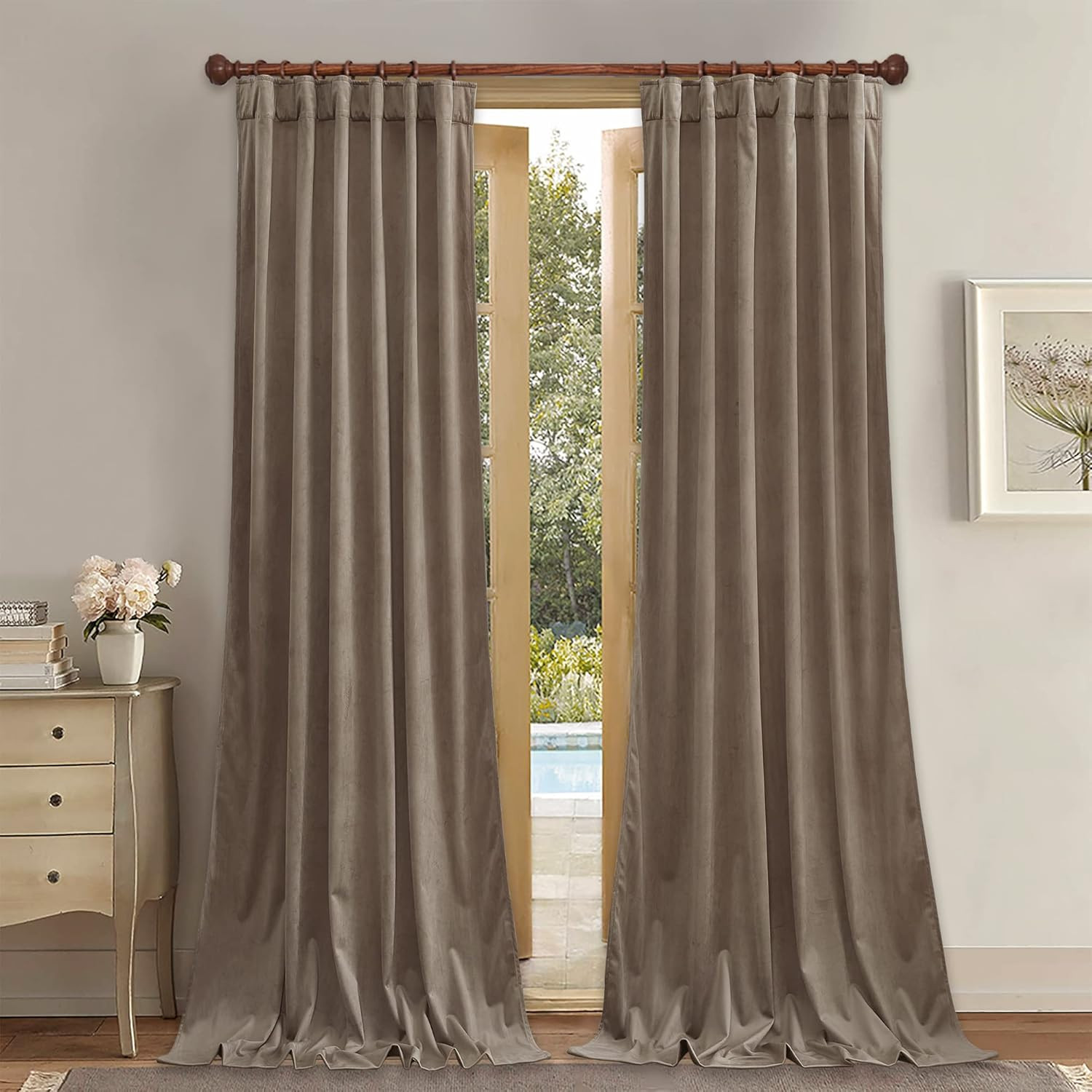 StangH Taupe Velvet Curtains 96 inches Long, Luxury Back Tab Thermal Insulated R