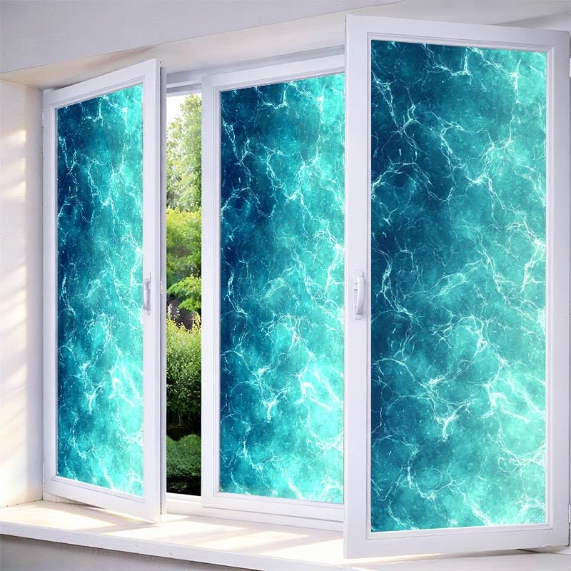 Stained Glass Window Film 17.7×39.3 inch Water Texture Deep Blue Water Surface