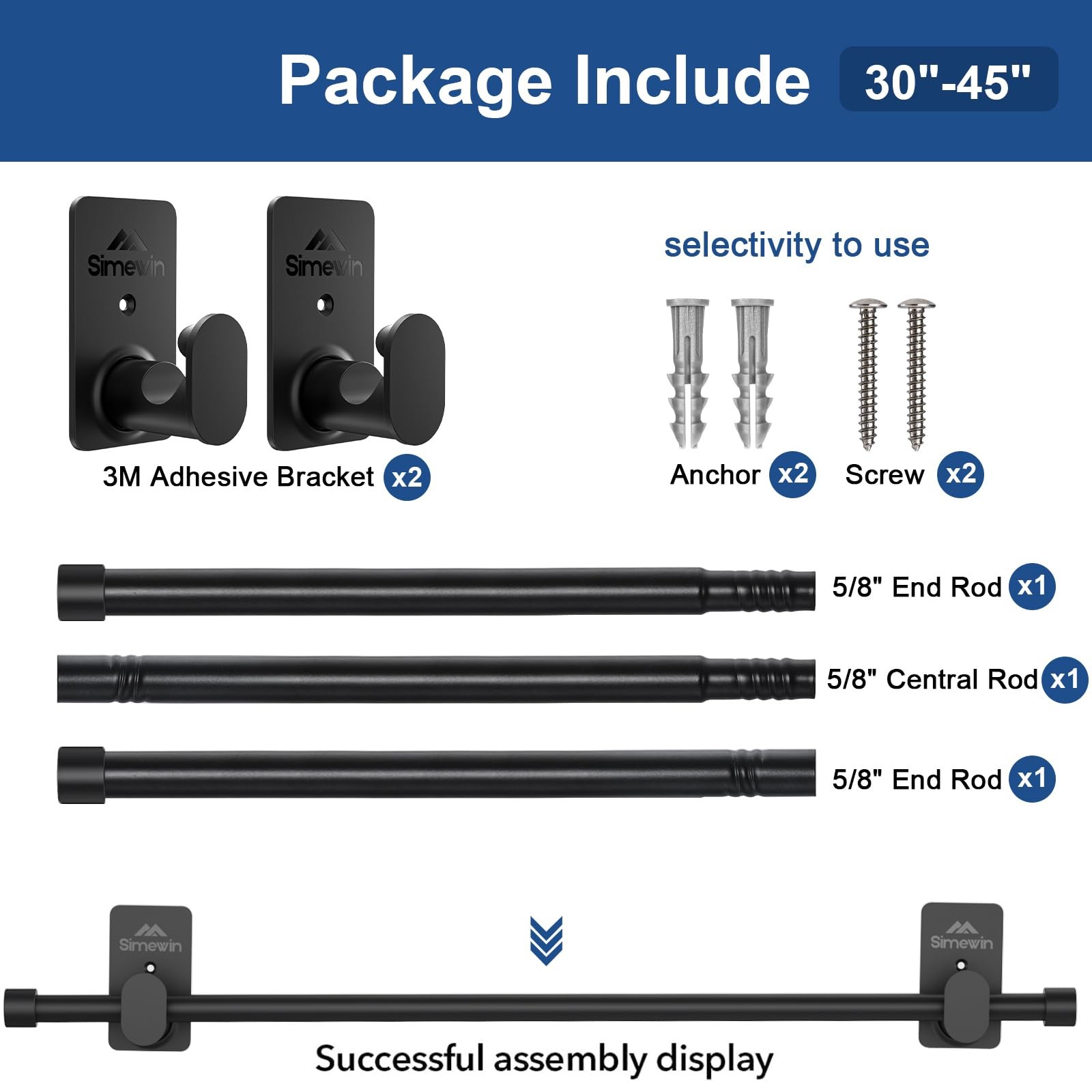 SIMEWIN Curtain Rods No Drilling for Windows 30 to 45 30″-45″, Black