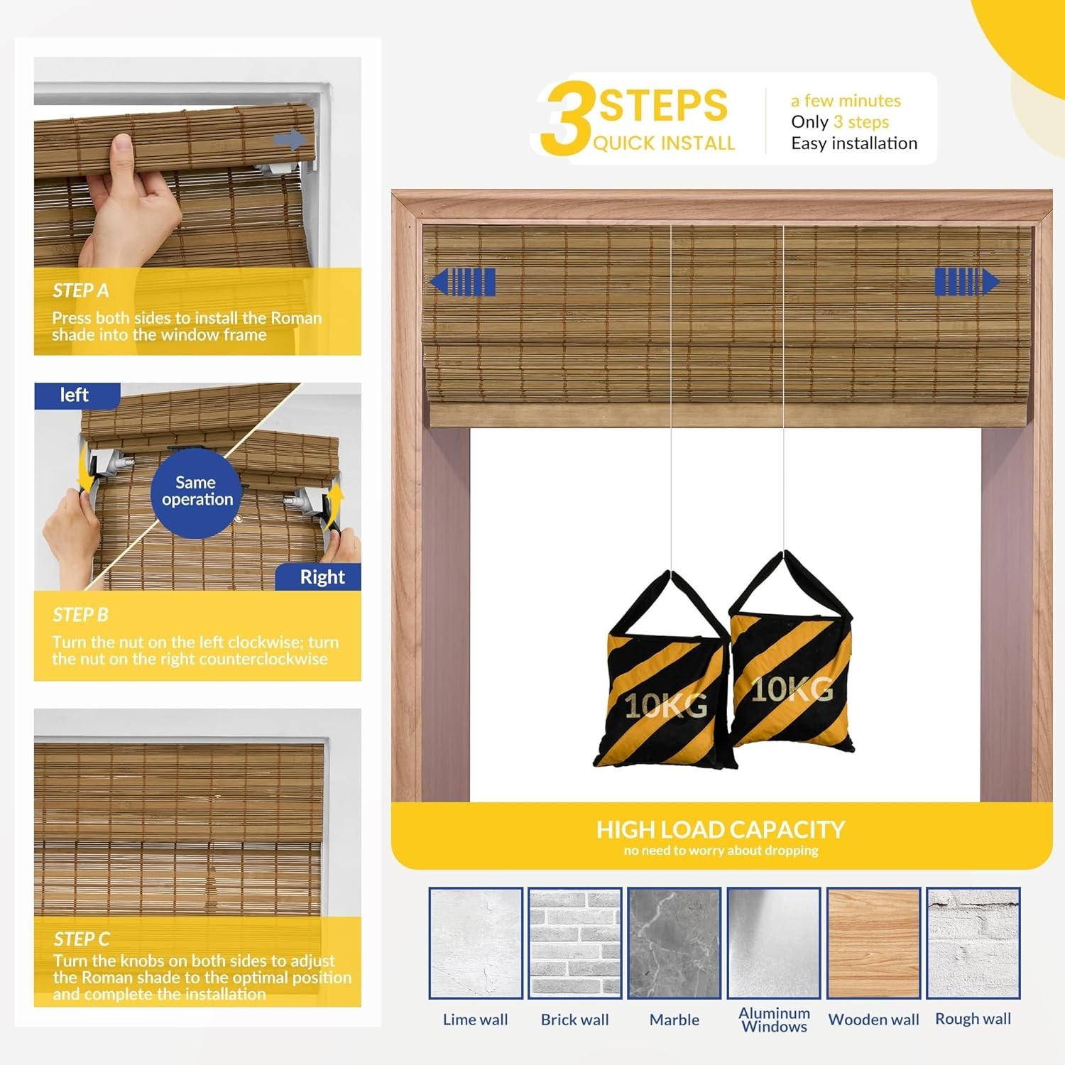 No Drill No Tools Bamboo Roman Shades, Cordless Light Filtering Window Blinds…