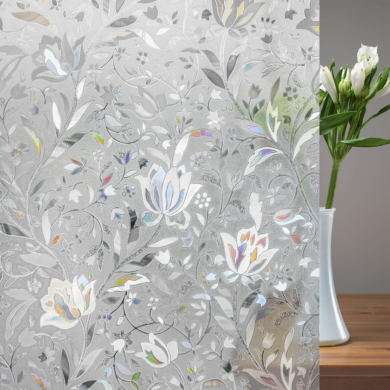 rabbitgoo Window Film Stained Glass Sticker Static Cling Tulip 35.4″ x 78.7″