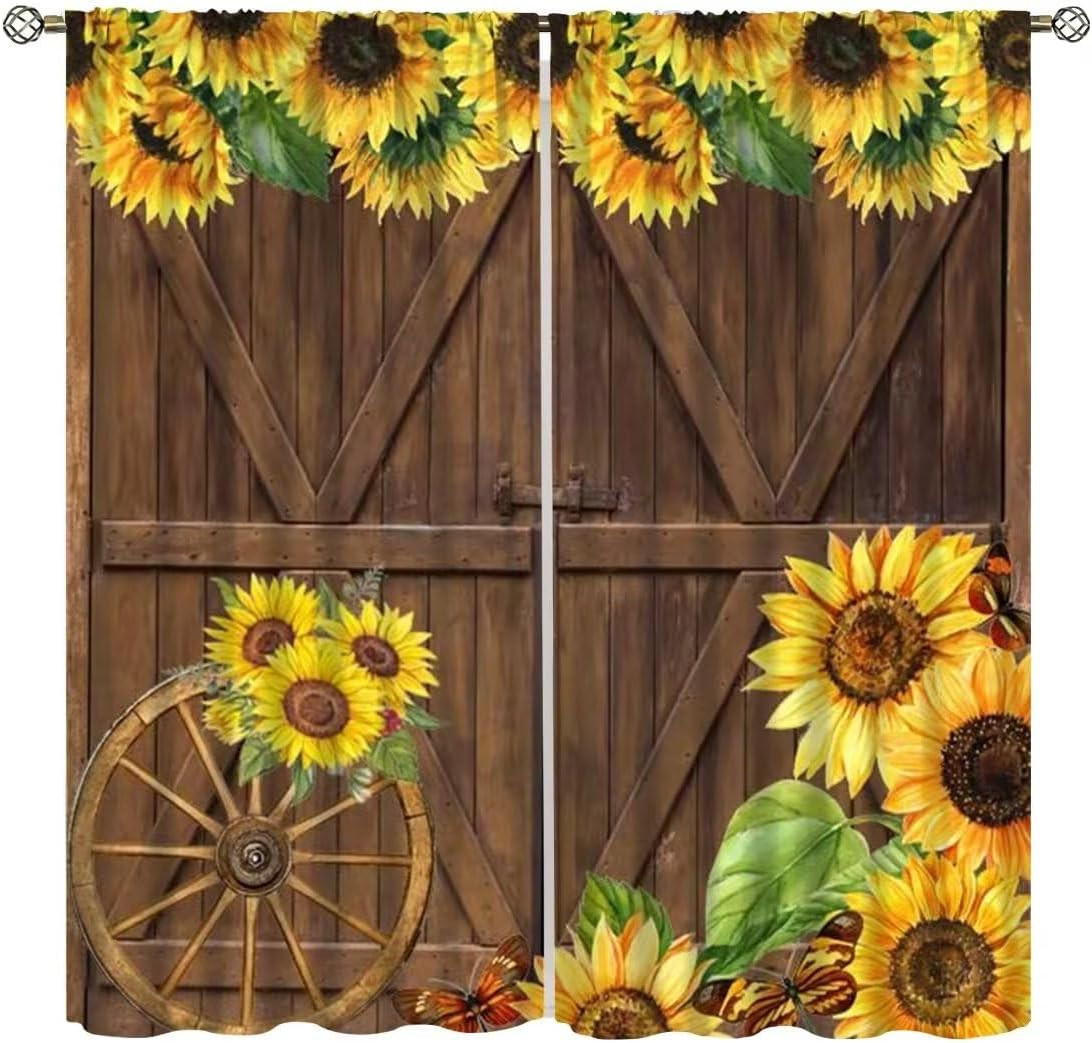 Rustic Sunflower Curtains Vintage Farmhouse Wooden Board Barn Door Flower Daisy