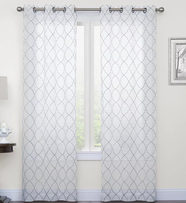 Sonoma 2 Sheer Window Curtain Panels Fret Embroidery Lattice White Grey 84″ Long