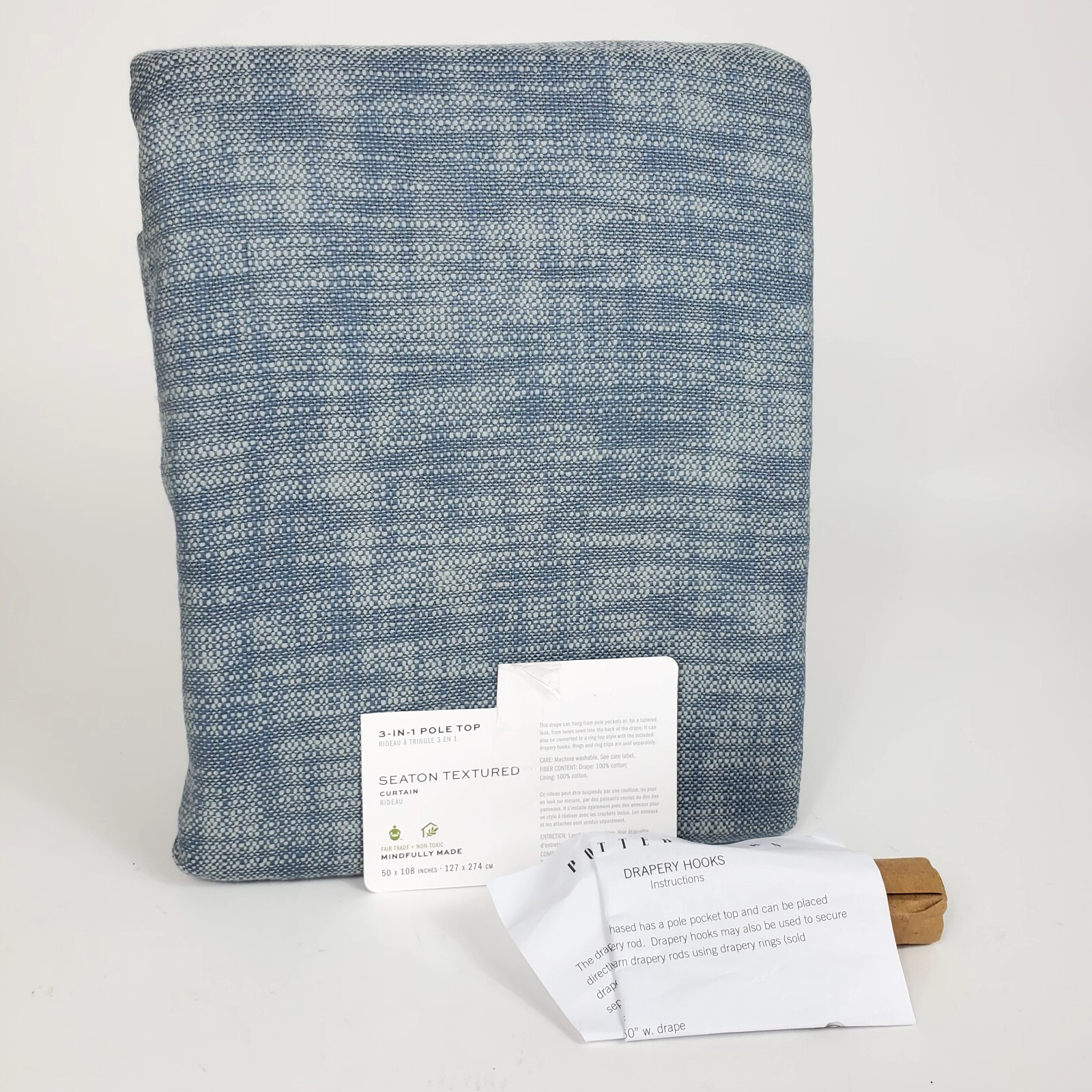 Pottery Barn Seaton Textured Drape Chambray Blue 50×108″ Cotton Lined