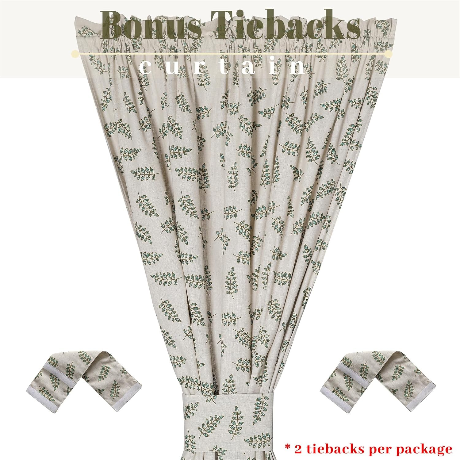 Olive Leaf Linen French Door Curtain Set 54″W x 72″L Country Style Window