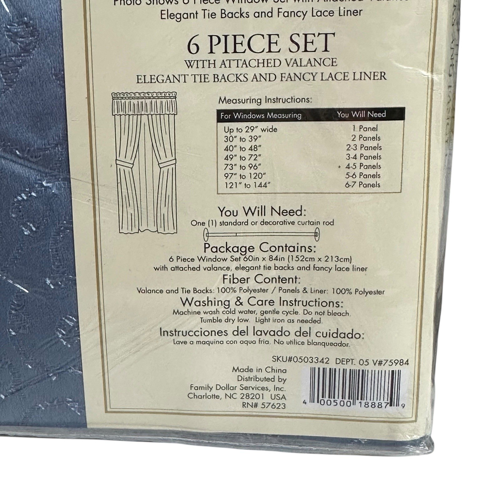 6 Piece Window Curtain Set BELLAGIO Blue Valance Tie Backs Lace Liner Elegant A3
