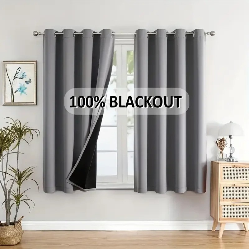 Pair of Blackout Curtains Eyelet Ring Top Ready Made Thick Thermal Curtain Set