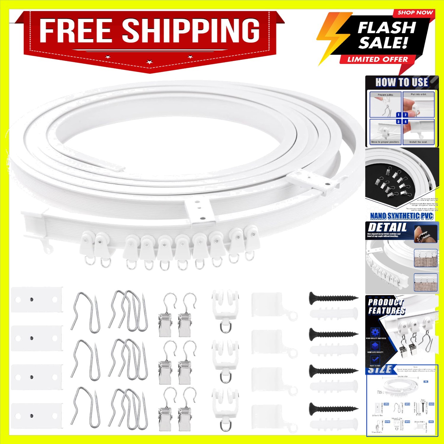 155Pcs 5M/16.4ft White Bendable Curved Ceiling Curtain Track Set, Includes 40…