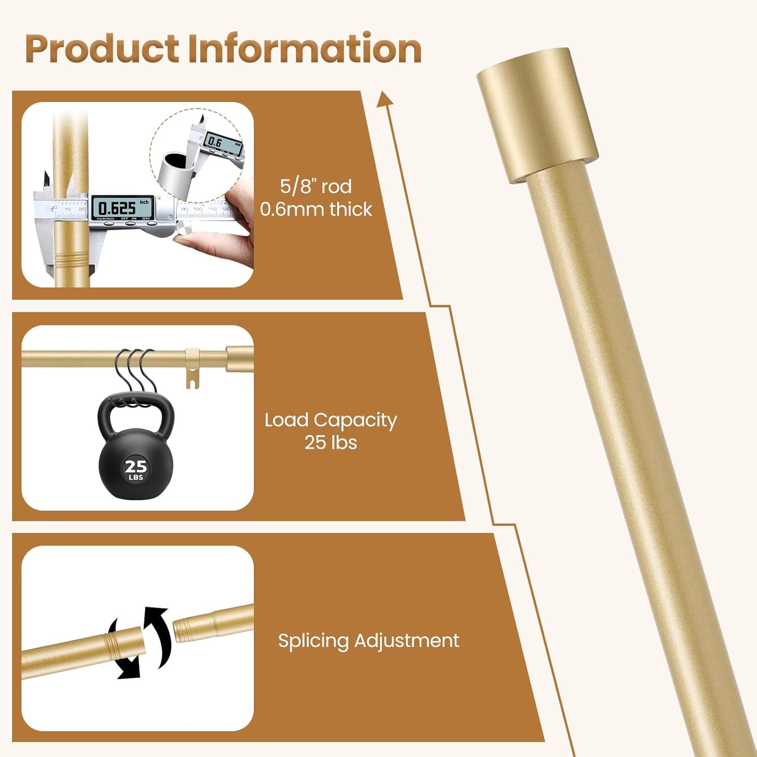 Gold Curtain Rod for Windows 28 to 48 Inch, 5/8 Inch Splice Adjustable Curtain