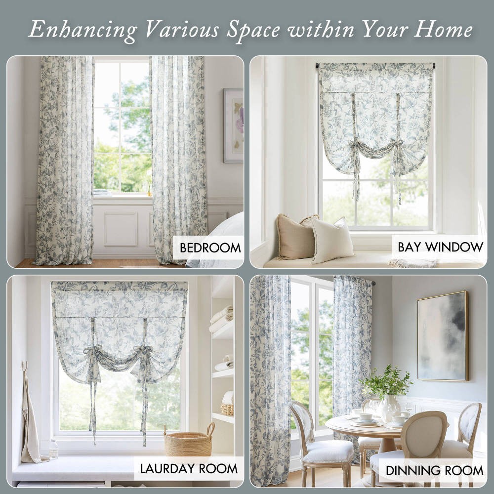 42×84″ Soft Lana Window Curtain Panel Botanical Print Adjustable Tie-Up Fabric