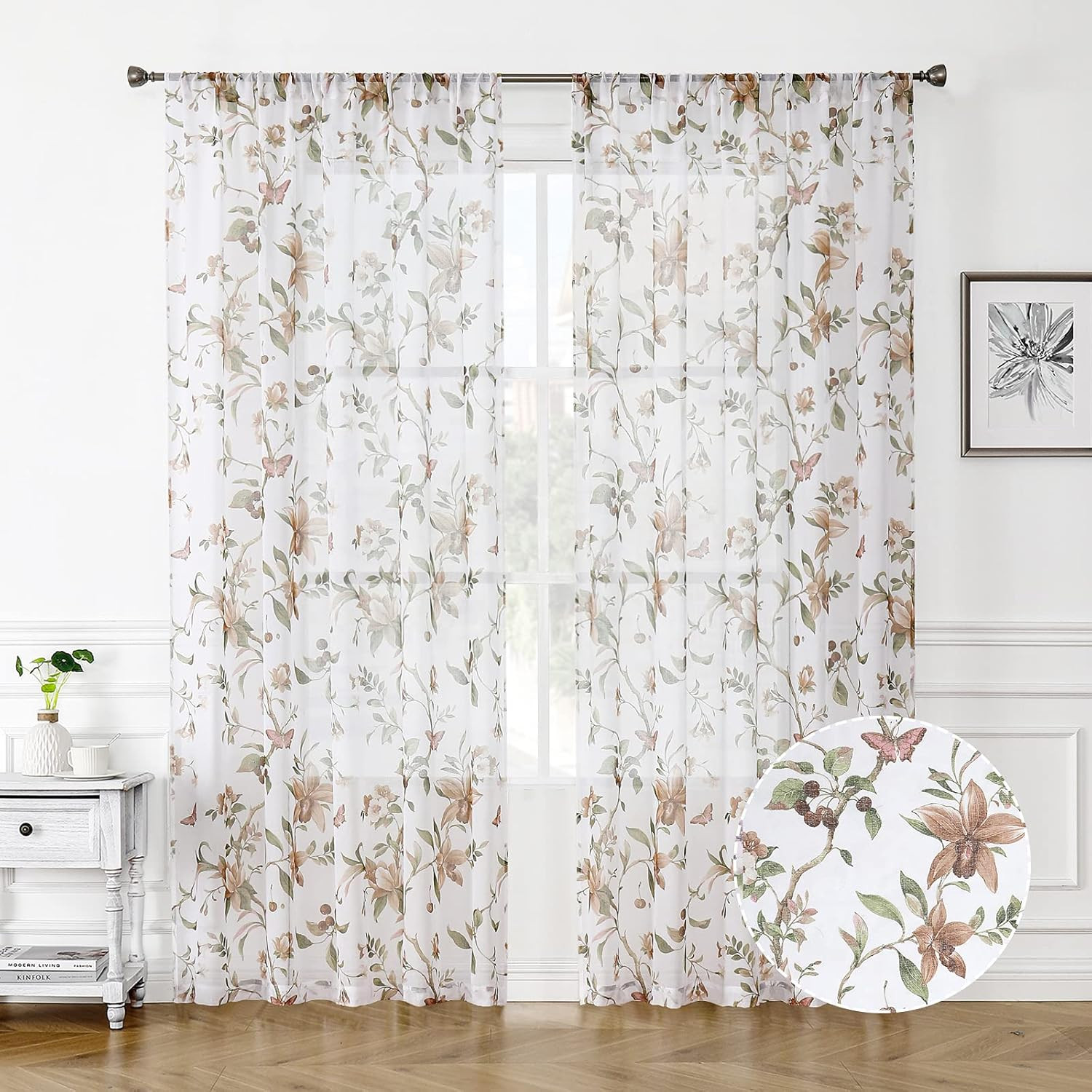 Floral Sheer Curtain Taupe Cherry Flower Butterfly Print Bedroom Curtains Rod Po