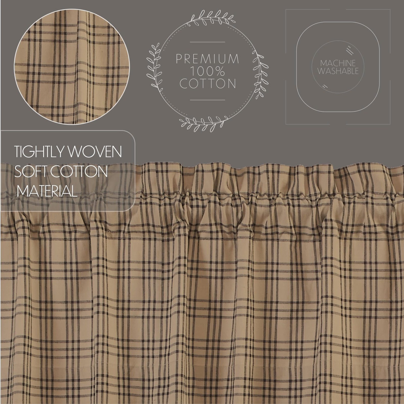 VHC Brands Farmhouse Kitchen Window Curtains-Sawyer Mill Plaid Tan Tier Pair, 36