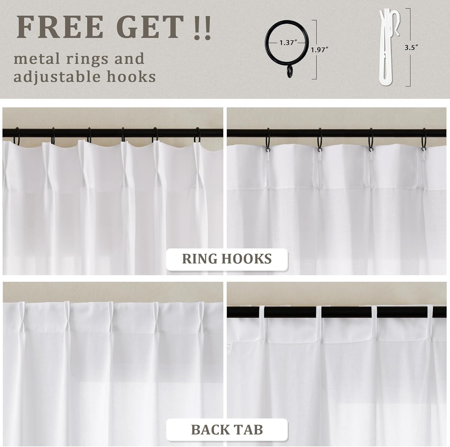 White Pinch Pleated Linen Curtains 96 Inches Long for Living Room Bedroom Cotton