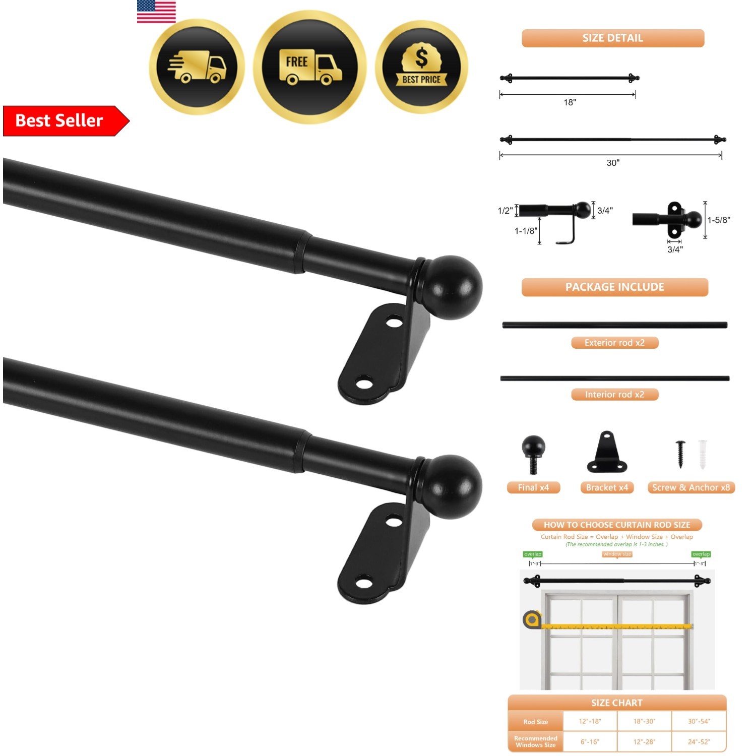 Small Curtain Rod 18-30 Inch Black Adjustable Drapery Rods 2 Pack