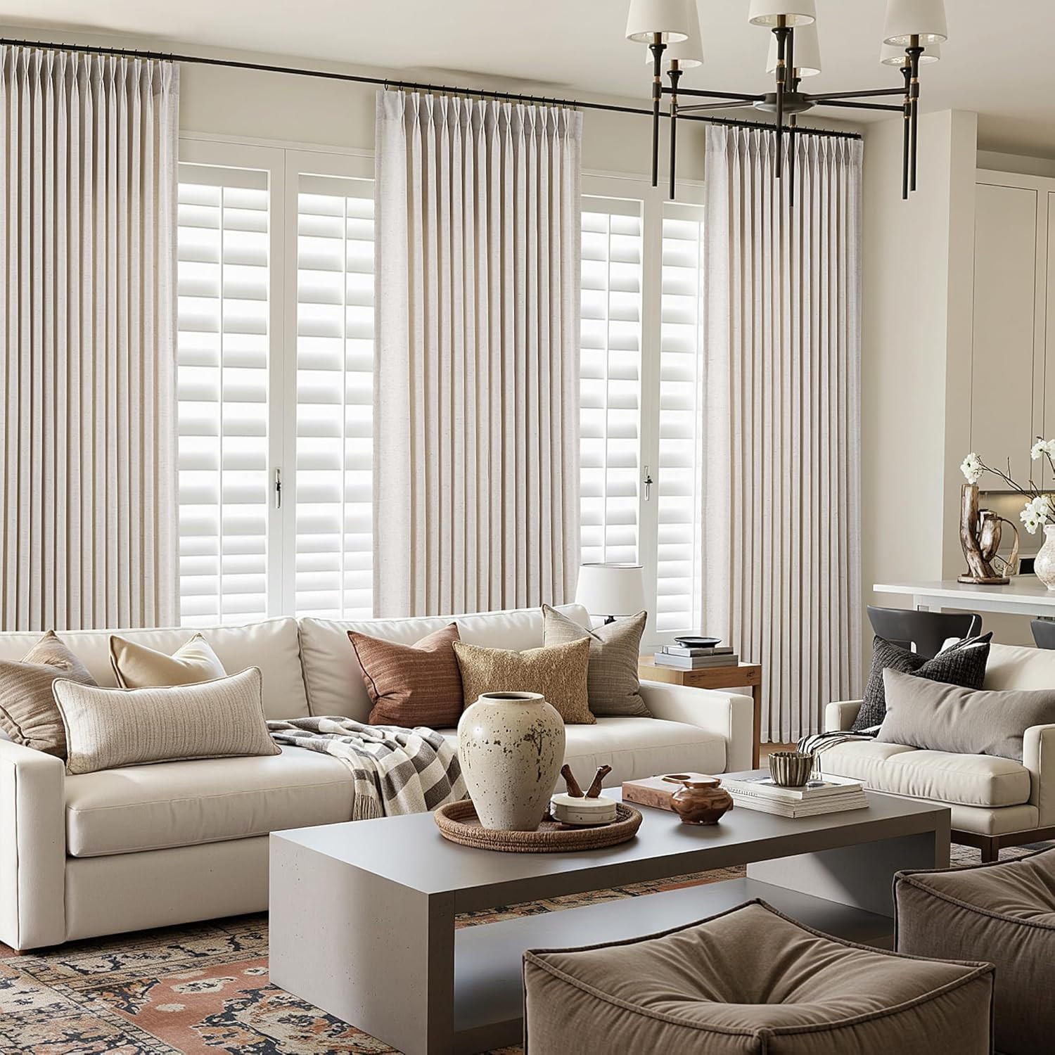 Luxury Beige Pinch Pleated Linen Curtains for Sliding Doors – 2 Panels Set