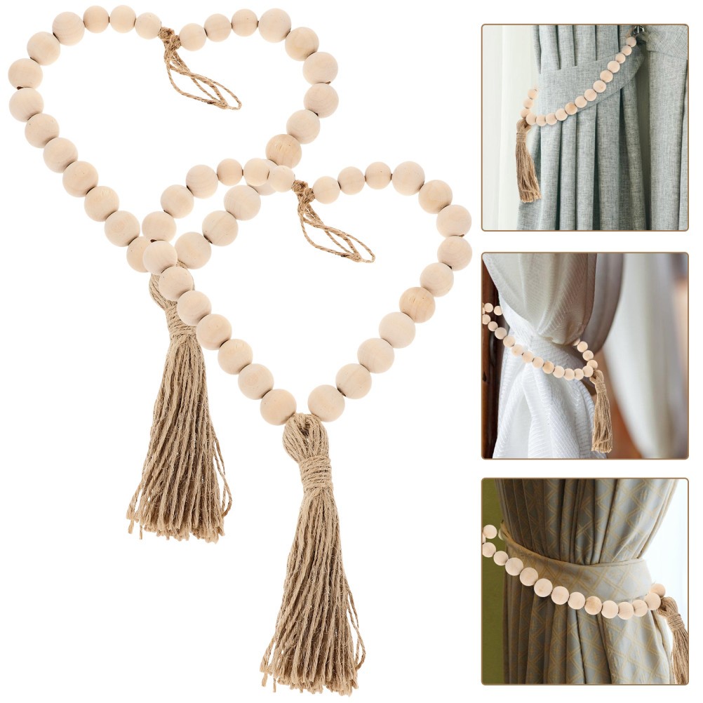 2Pcs Reusable Decorative Curtain Tie Ropes Handwoven Wood Beads Beige