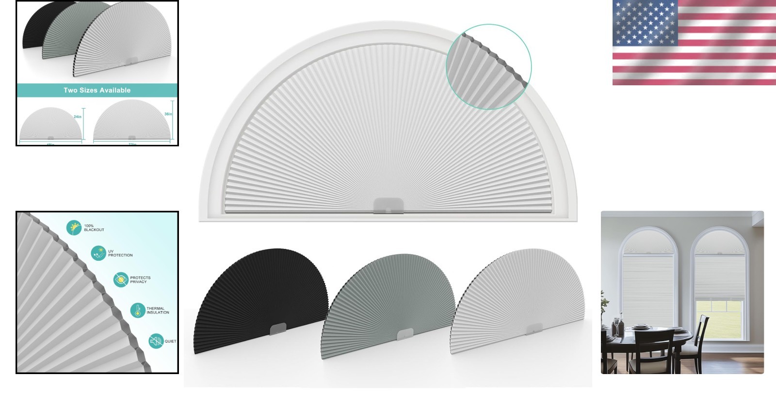 Elegant 36” Half Moon Blackout Cellular Shades – Easy No-Drill Installation