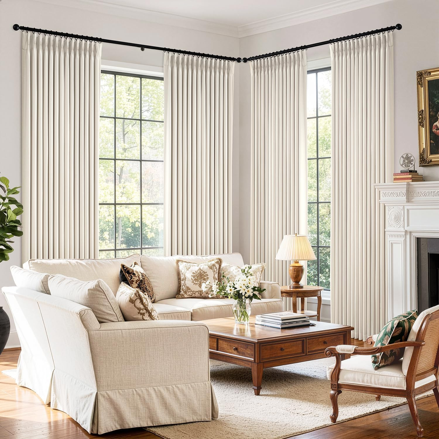 Pinch Pleat Blackout Curtains 90 Inch 4 Panel Linen Thermal Drapes Birch