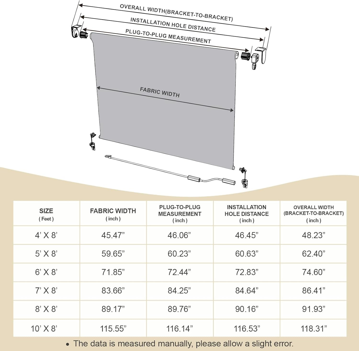 5% Openness Cordless Solar Fabric Roller Shade, 6’W X 8’H Sun Shade for Outdoor