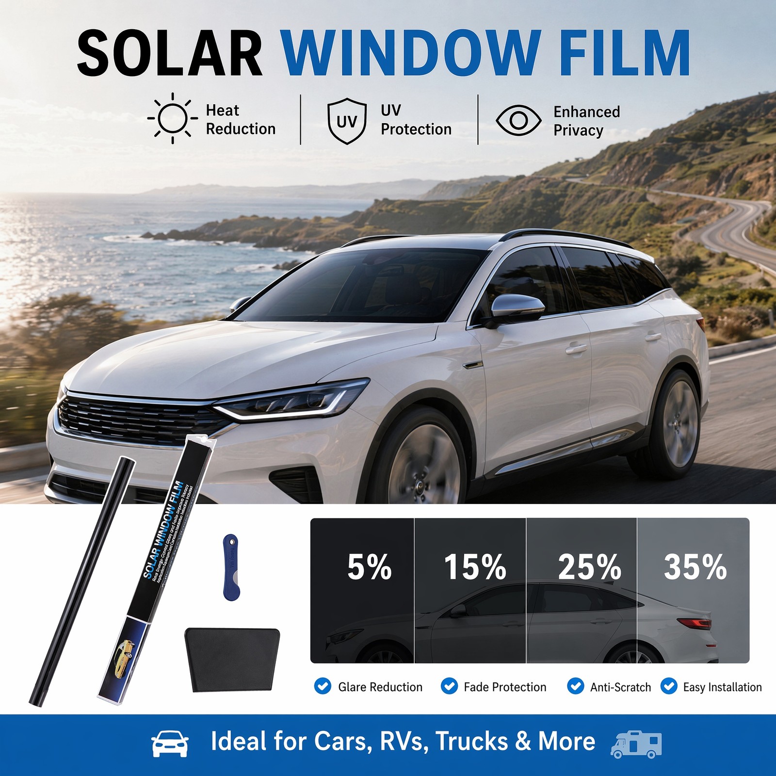 5％ 15% 25% 35% VLT Car Window Tint Film Sun Visor Front Glass Windshield Anti-UV