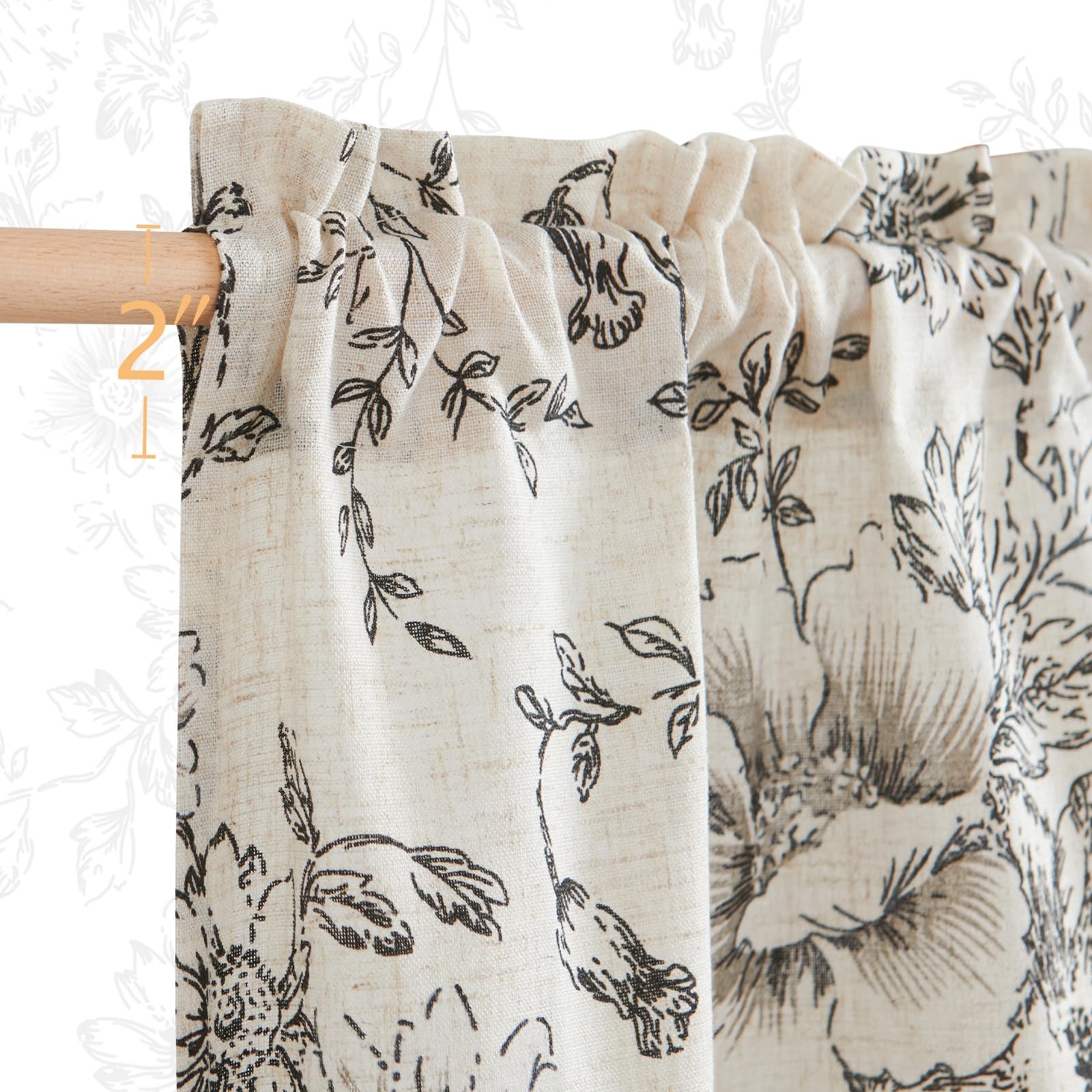 Linen Cafe Curtains 24 in Black Floral Farmhouse Tier 2 Panels