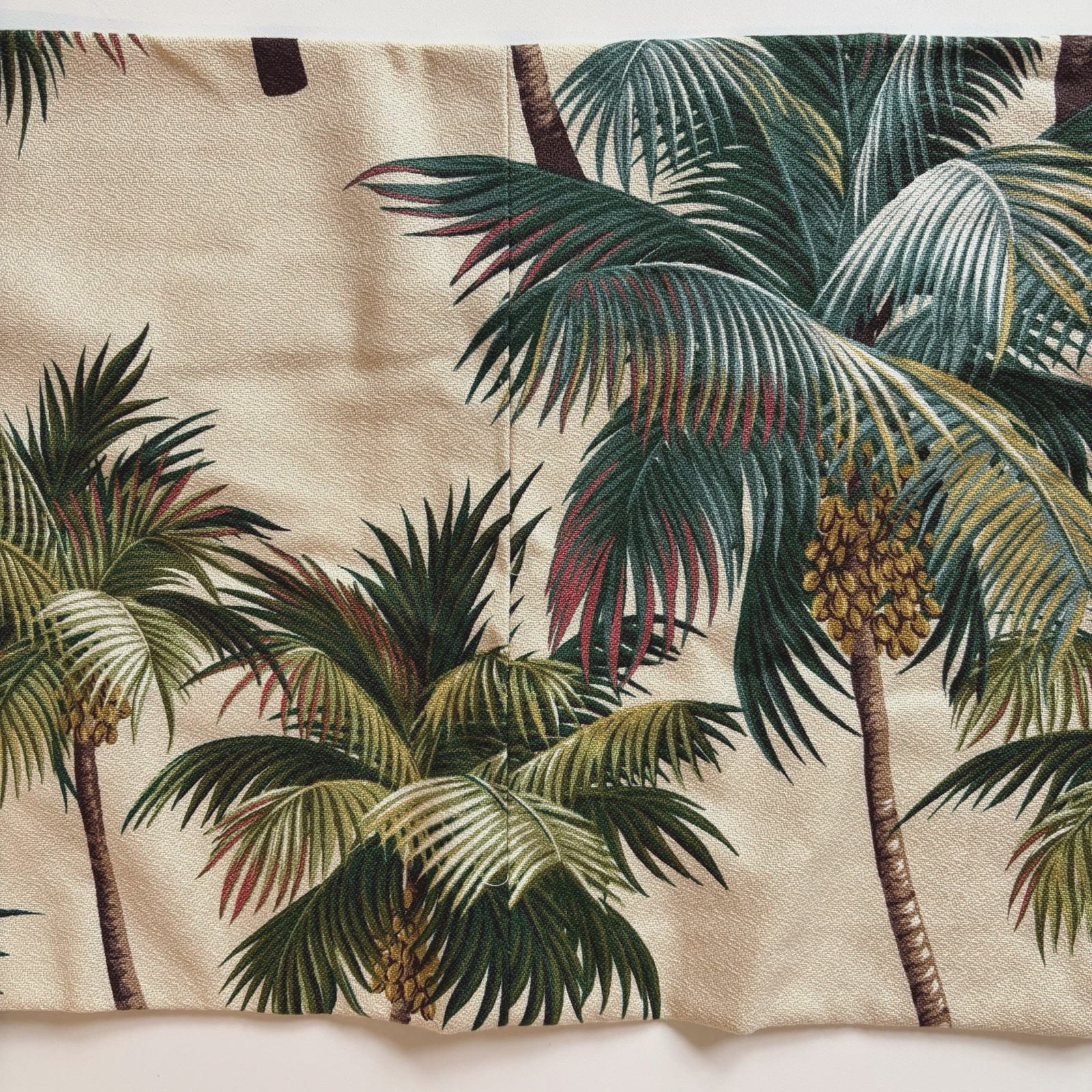 Two Barkcloth 13″ Lined Valances Tropical Palm Trees – 51.5″ & 71.5″ Long