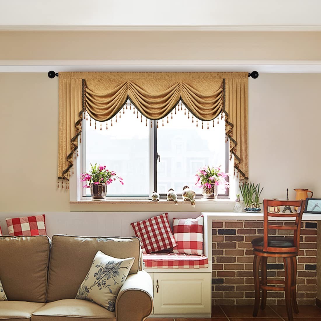 Elkca Jacquard Waterfall Valance Luxury Beads Yellow Window Curtains Valance