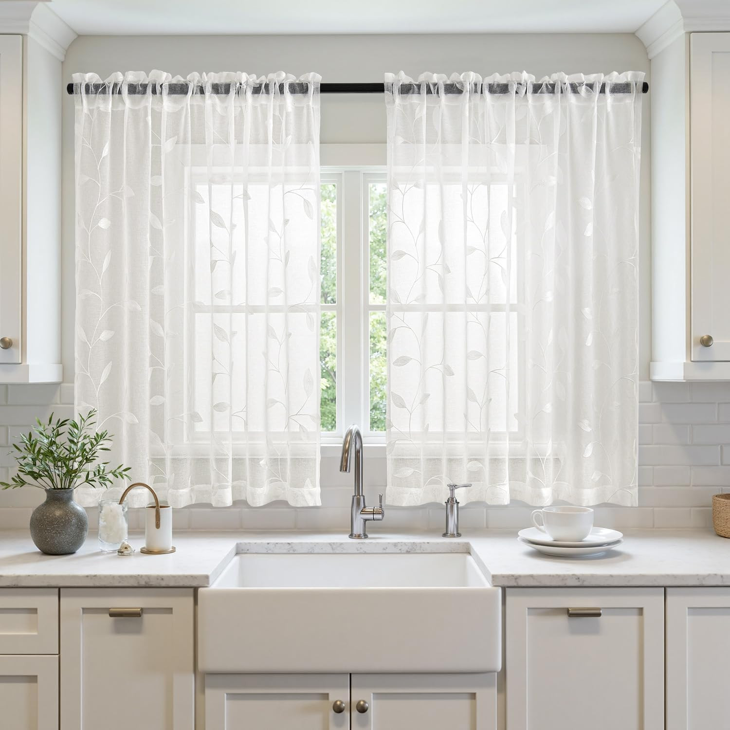 MIULEE Ivory Sheer Kitchen Curtains 30×36 Inches Length 2 Panels Embroidered Lea