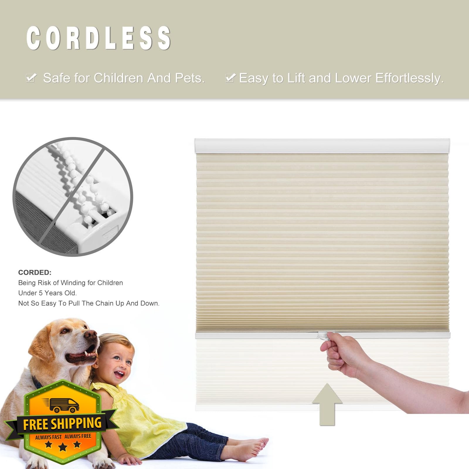 Changshade Beige Light Filtering Cellular Shade 35.5″W x 72″H Cordless Honeyc…