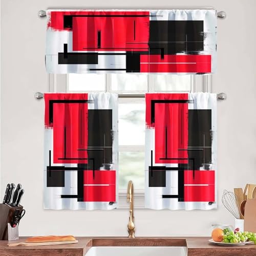 Red Kitchen Curtains Tiers and Valances Set 3 18″W x 52″L (Pack of 3) 04red