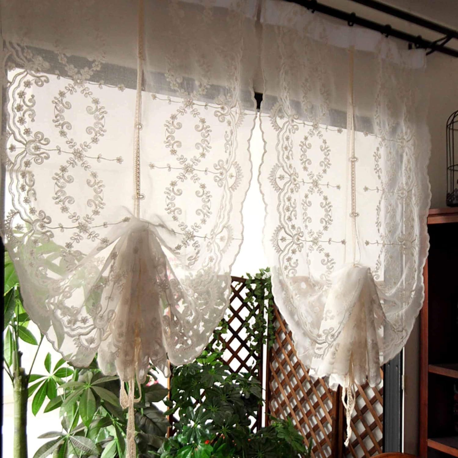 Country Style Pull up Balloon Sheer Curtain with Embroidered Floral Patterns Bei