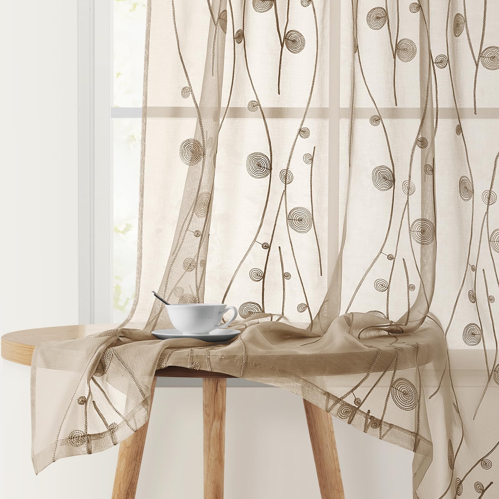 Taupe Sheer Curtains 52 X 84 Inches Length 2 Panels Beige Embroidered Wave Line