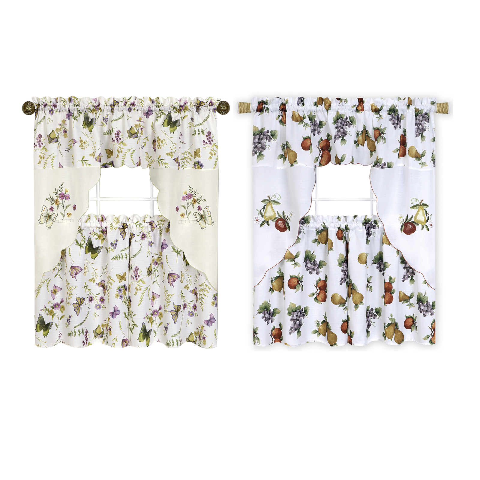 PowerSellerUSA Floral Butterflies Tier Panels and Swag Curtains, 3-Piece Window