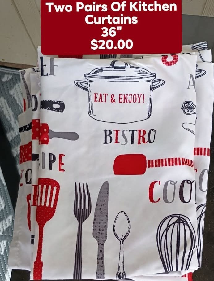 Two Pairs Café Curtain & Tiers Food/Kitchen Theme White Red Black 36 in