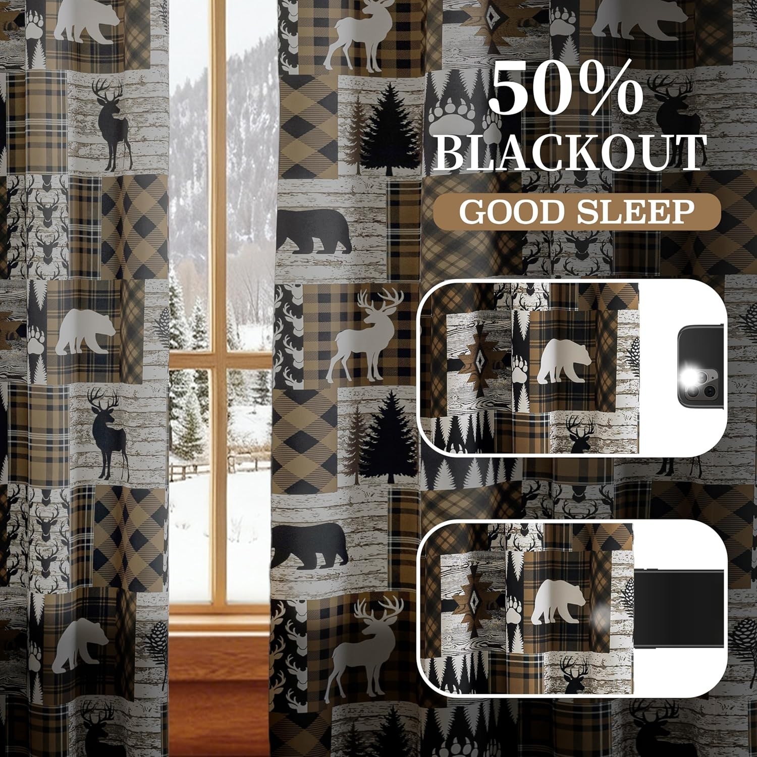 Brown Rustic Cabin Curtains 2 Panels Country Style Curtain 50% Light Blocking…