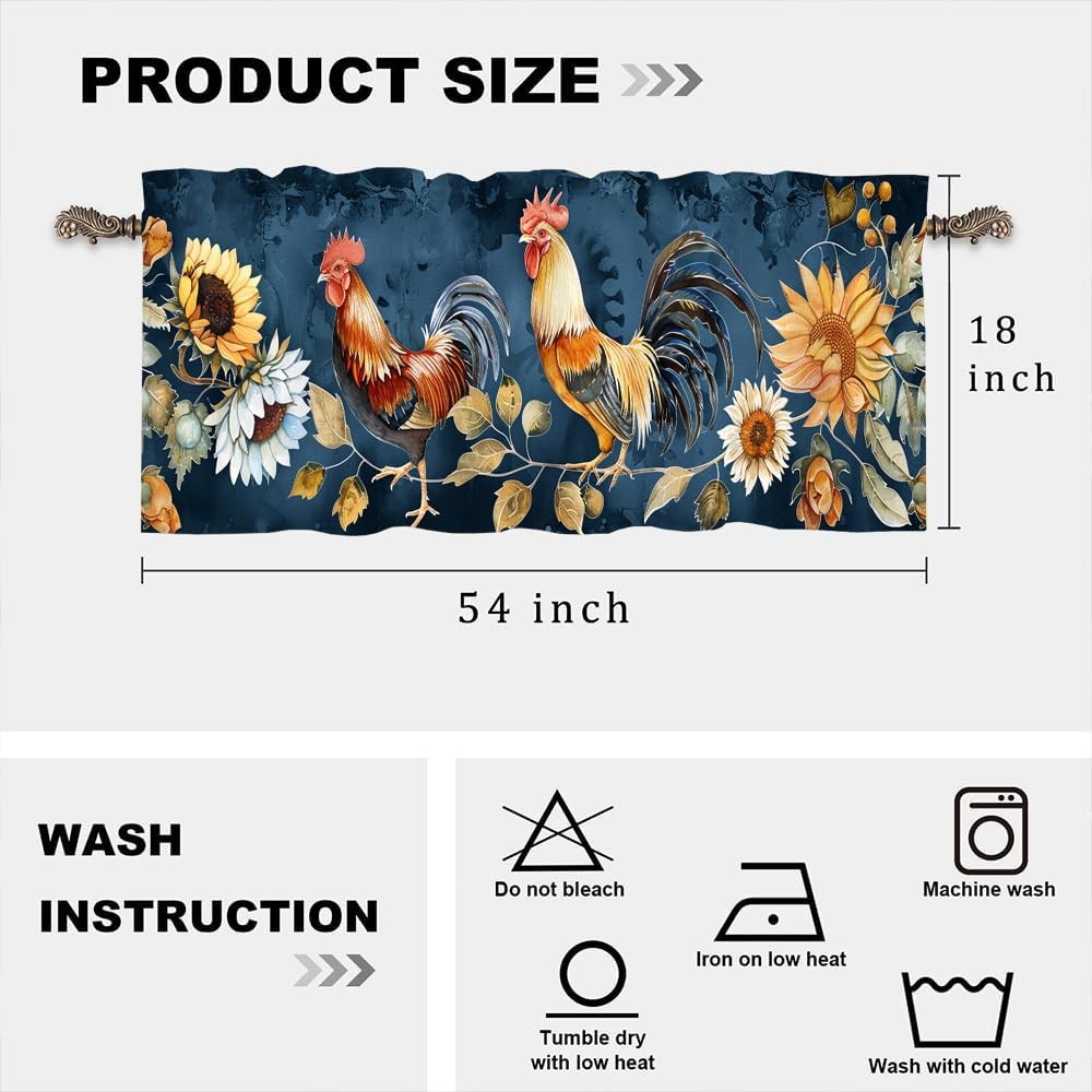 1 Panel Retro Rustic Rooster Kitchen Valance Curtains for Windows, Glam Colorful