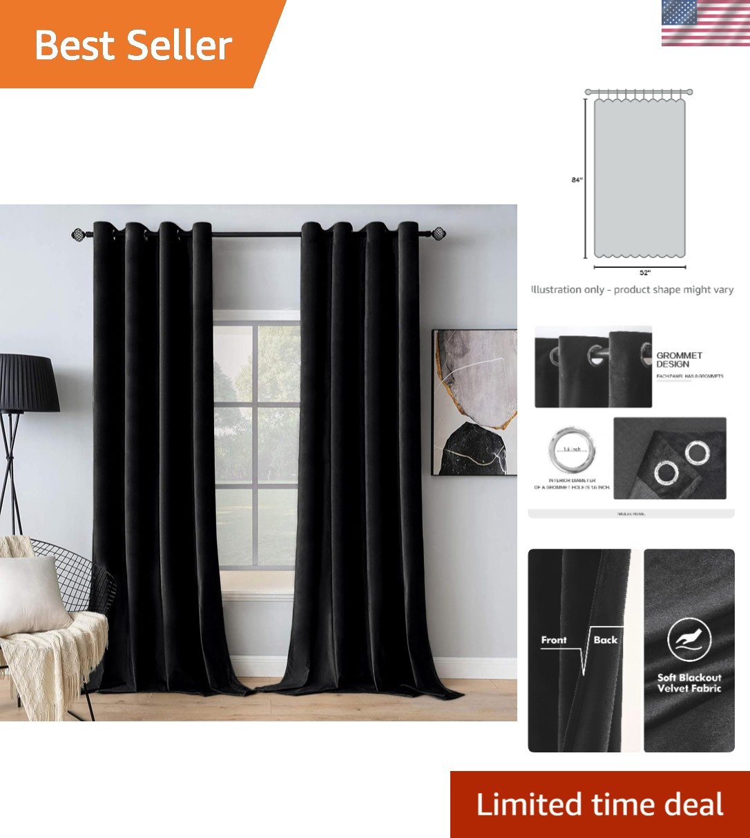 84-Inch Black Velvet Room Darkening Curtains with Soundproofing Features