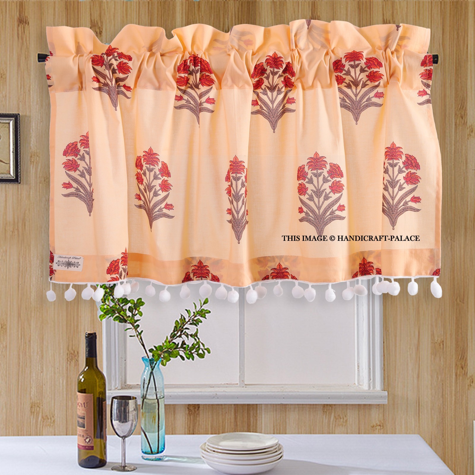 Hand Block Print Peach Cotton Kitchen Curtain Valance Cafe Short Window 18X40″