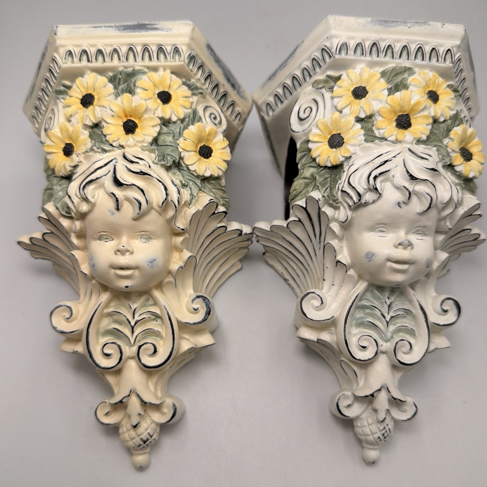 Vintage Cherub Curtain Rod Holders Wall Sconces Set 2 Resin Shabby Chic Floral