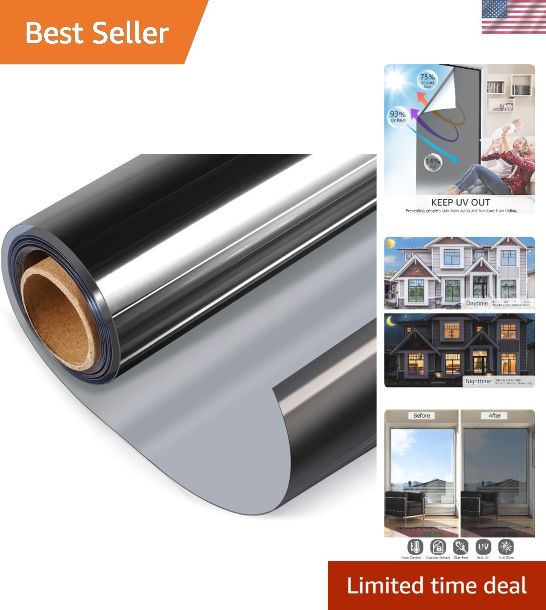 Daytime Privacy Reflective Window Film – 23.6×78.7 Inch, Black & Silver Design