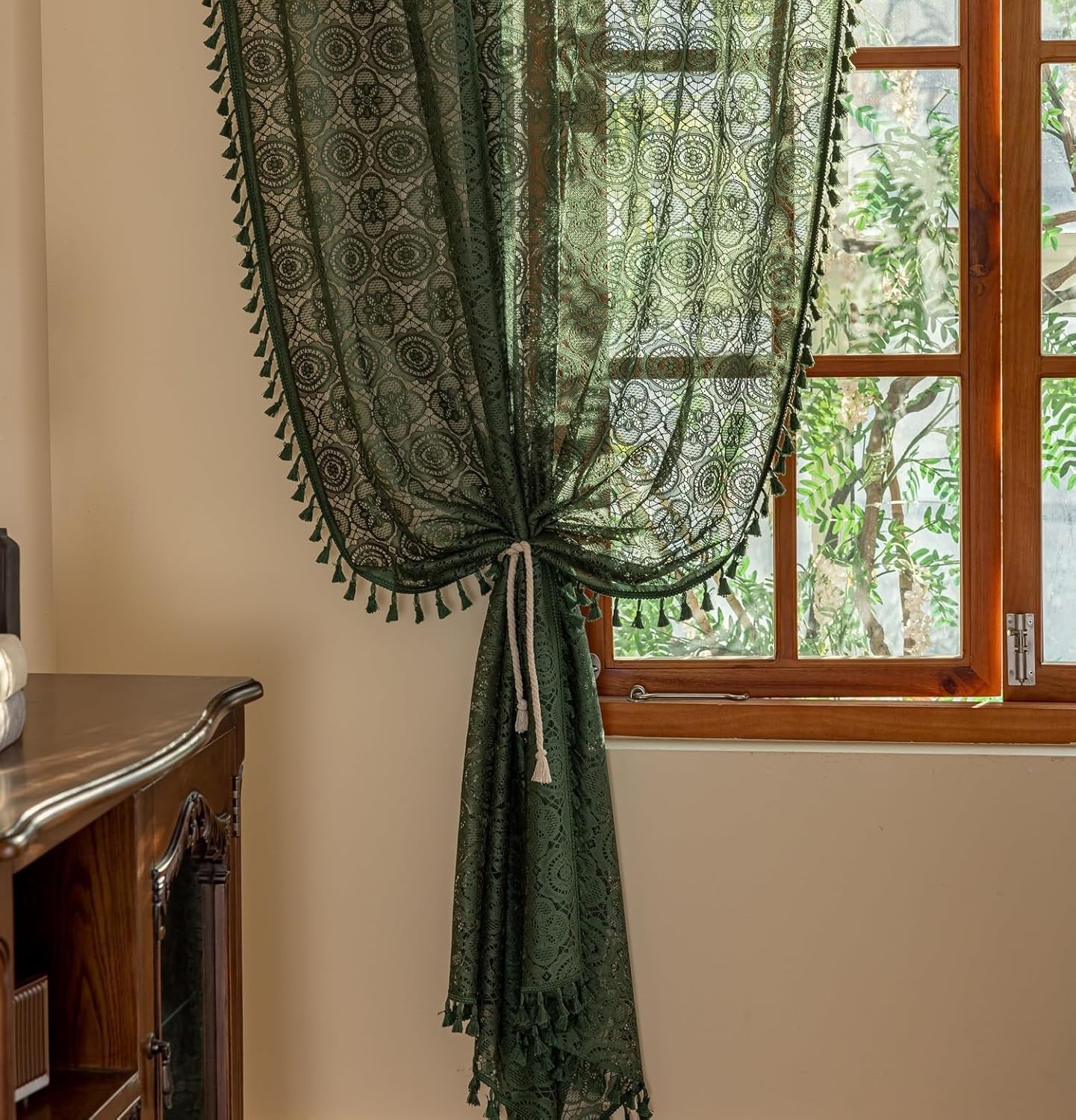 Dark Green Lace Curtains 84 Inch Long for Living Room 2 Panels Vintage Boho L…
