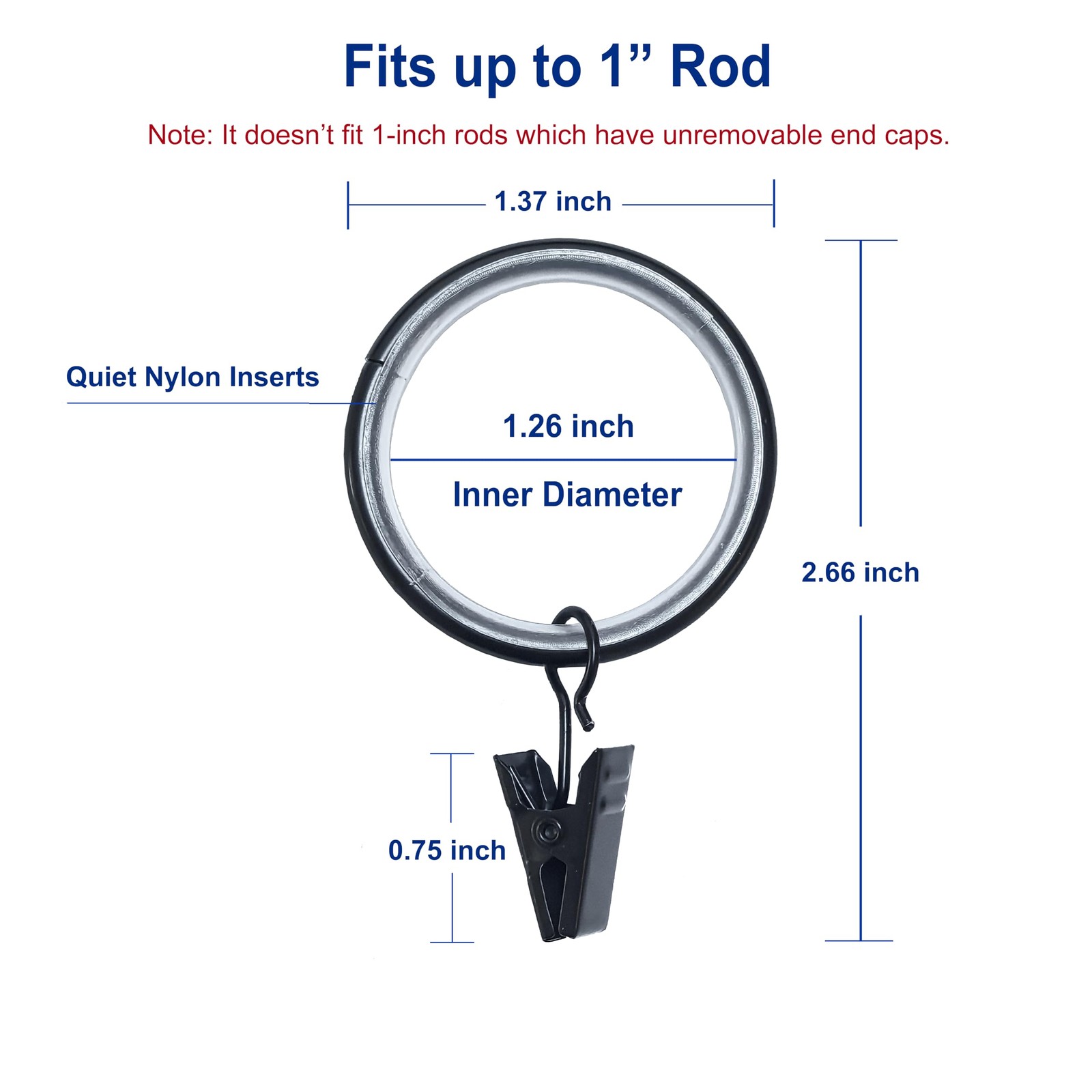 24 PCS Black Curtain Rings Nylon Inserts Clips Hooks 1.26 Inch Fits 1″ Rod