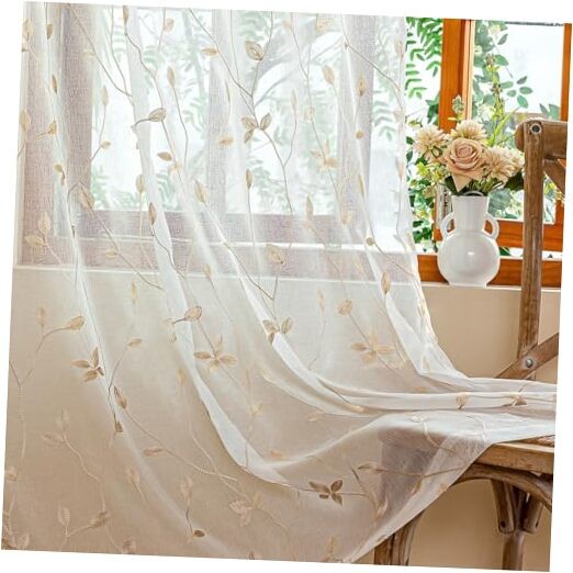 2 Panels Embroidered Leaf Pattern Semi 53″W x 84″L (Pack of 2) White Beige