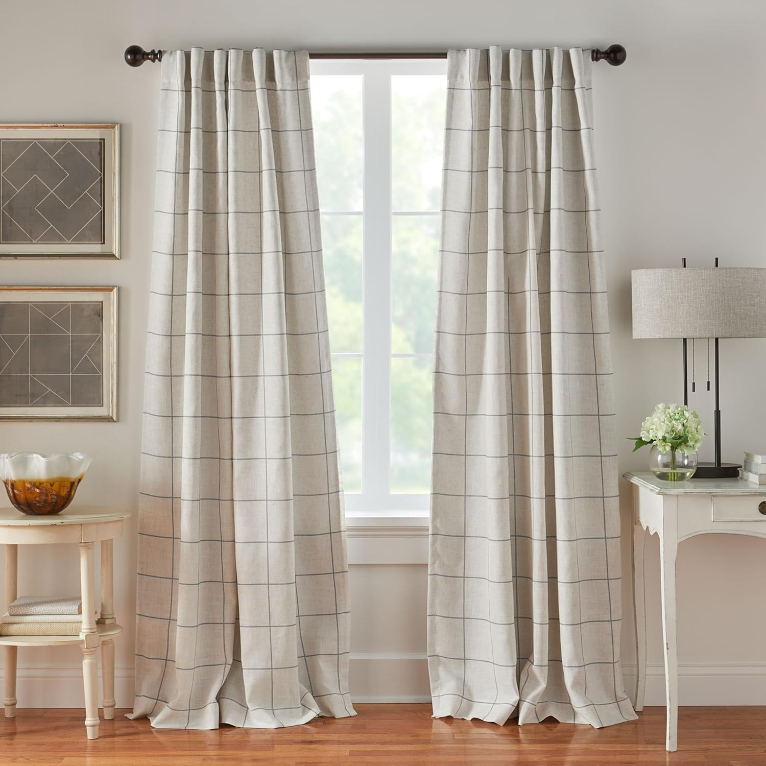 Brighton Windowpane Plaid Blackout Window Curtain Panel, Linen – 52″ W X 84″ L