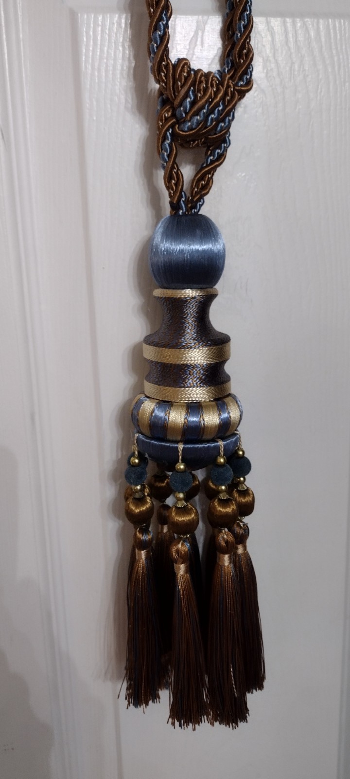 2 Blue Striped Pair of Decorative Tassels Large Luxury Drapery Tiebacks 28” long