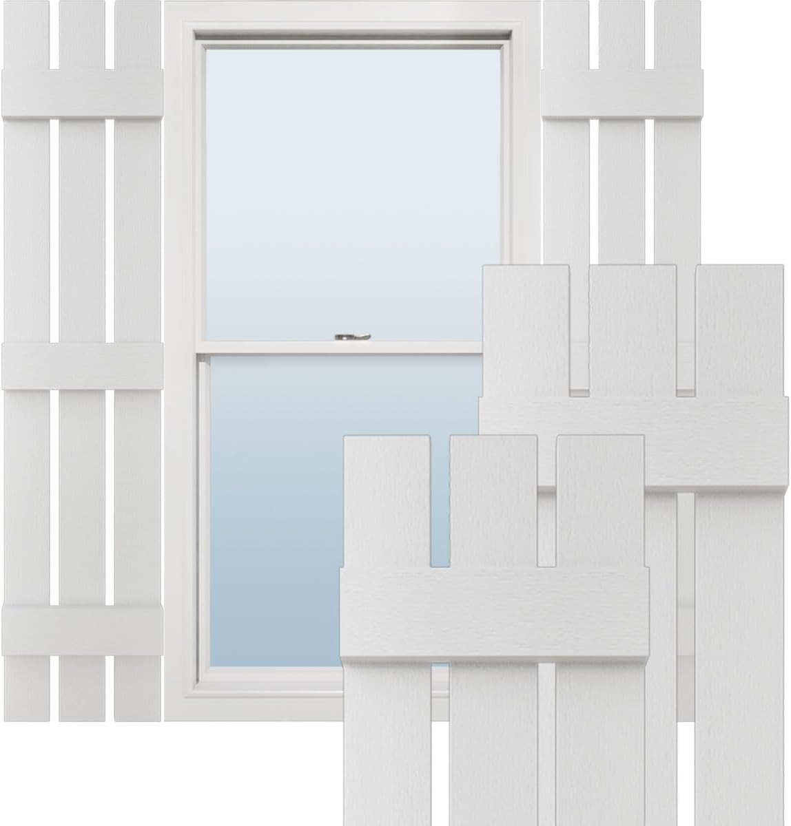 White 12″x56″ Vinyl Board-N-Batten Shutters with Shutter-Loks – Pair