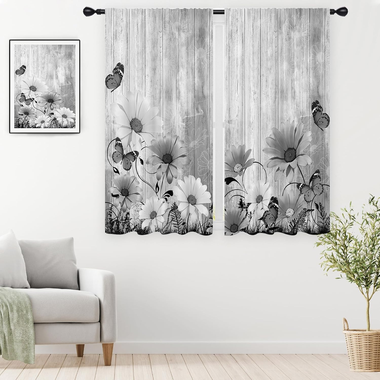 Black and White Curtains Floral Flower Grey Gray Farmhouse Rustic Vintage Cool B
