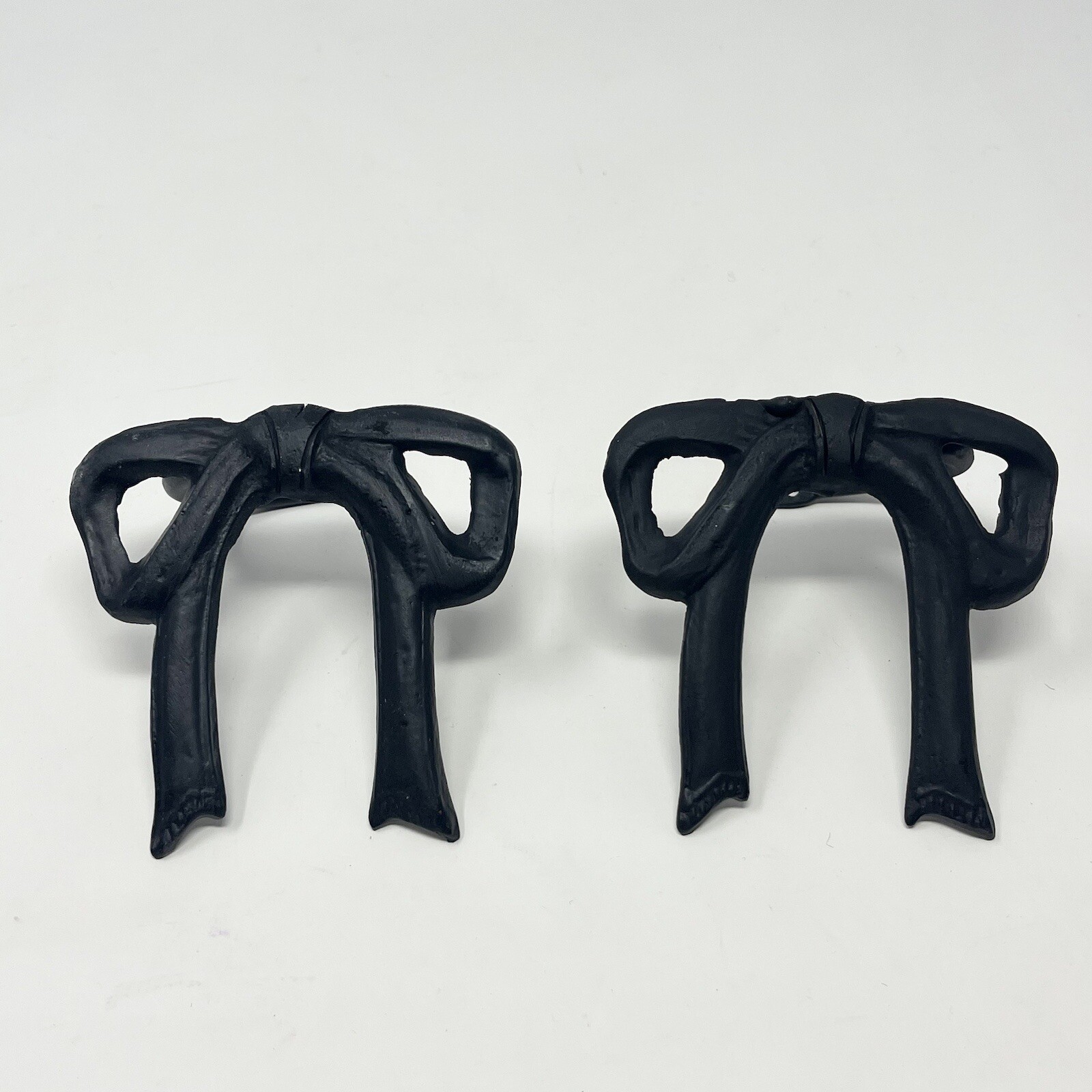 VTG Pair Cast Iron Bow Curtain Tie Back Wall Hooks Black Small Girly Feminine