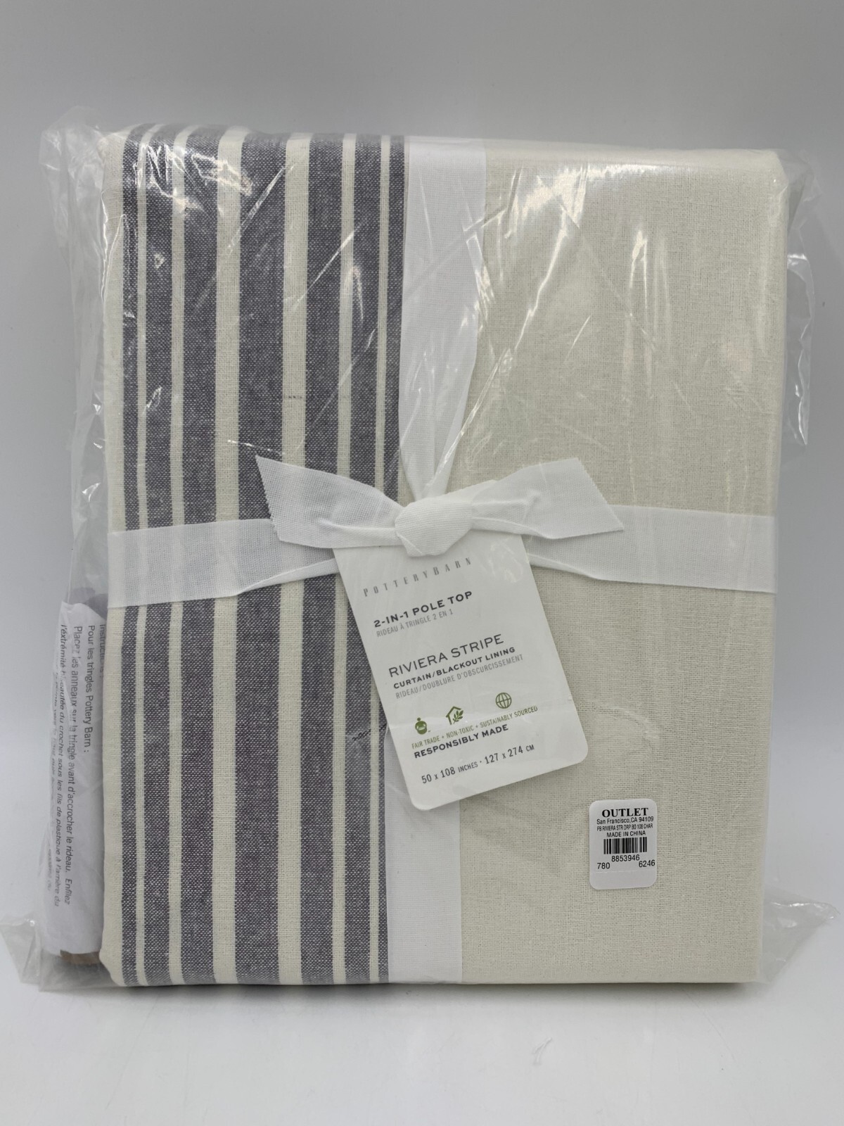 Pottery Barn Riviera Striped Drape Panel Curtain Blackout 108″ Charcoal #Q117