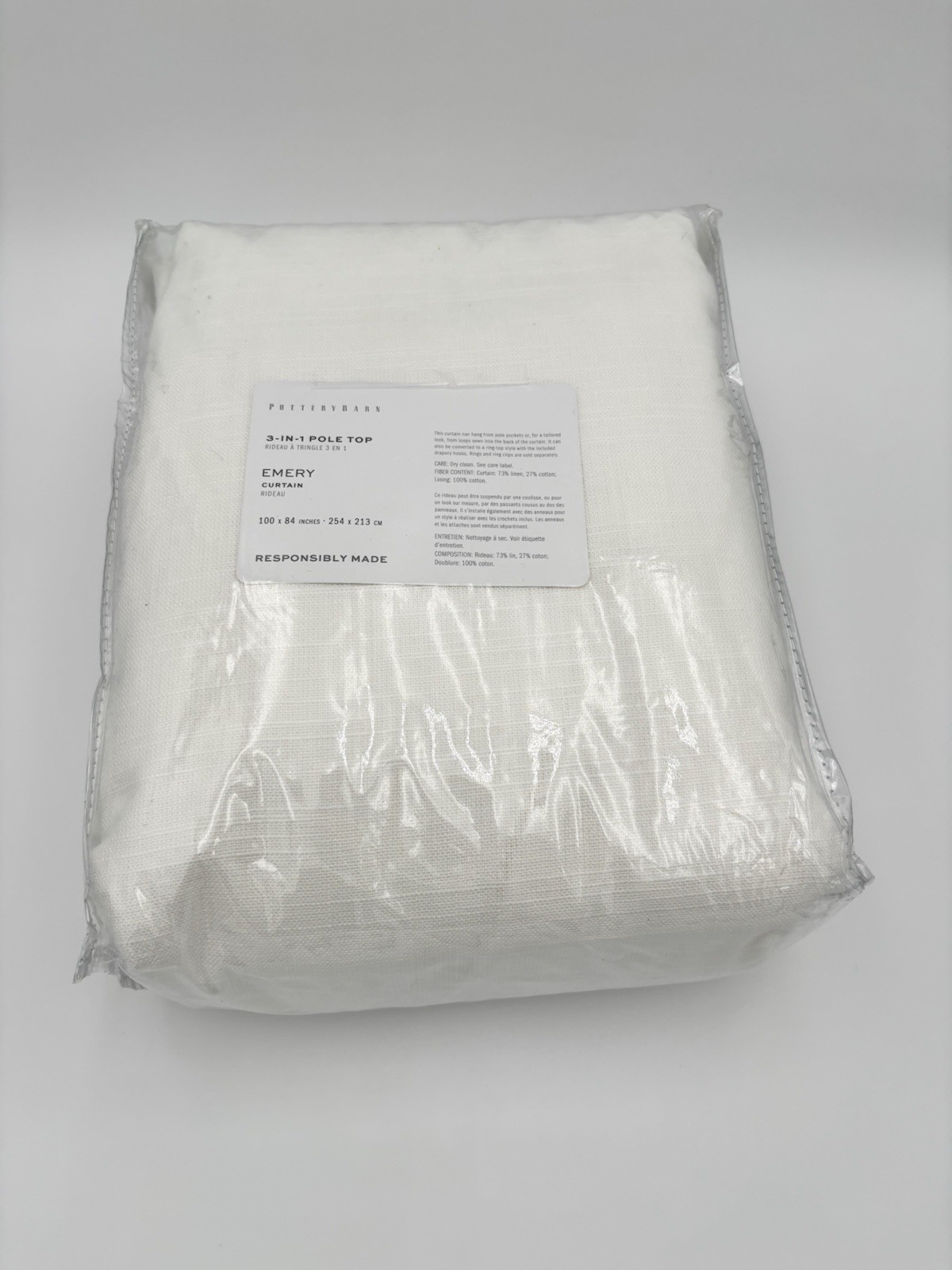 Pottery Barn Emery Linen Curtainv~vWhite~ 100″ W x 84″ L~ LF